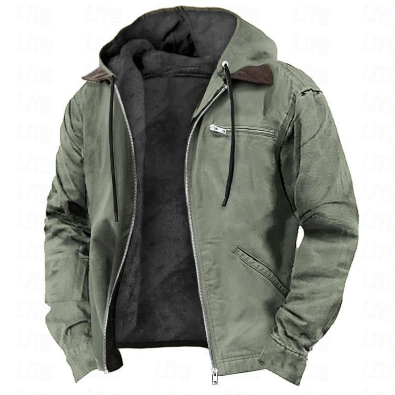 Winter Hooded Coat with Pockets Fashion Warm Fleece Zip-Up Jacket Casual Outwear Men'S Clothing