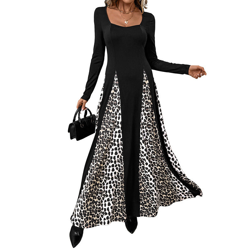 Elegant Retro Style Square Collar Long Sleeve Leopard Splicing Dress