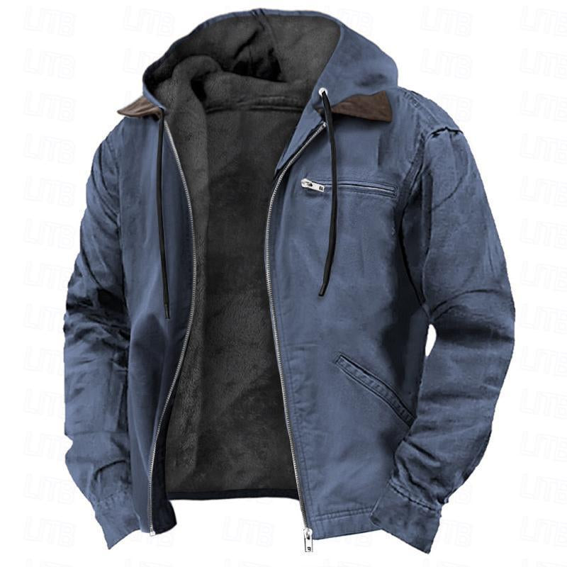 Winter Hooded Coat with Pockets Fashion Warm Fleece Zip-Up Jacket Casual Outwear Men'S Clothing