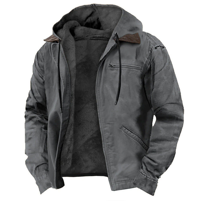 Winter Hooded Coat with Pockets Fashion Warm Fleece Zip-Up Jacket Casual Outwear Men'S Clothing