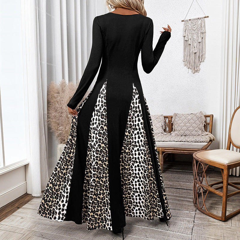 Elegant Retro Style Square Collar Long Sleeve Leopard Splicing Dress