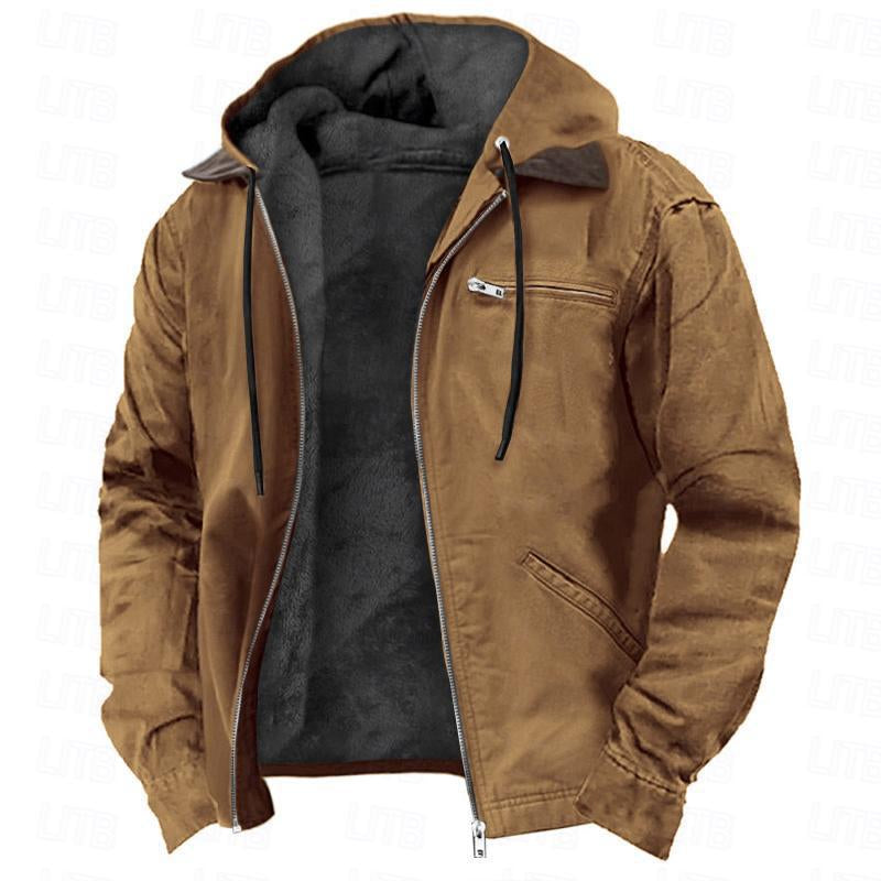 Winter Hooded Coat with Pockets Fashion Warm Fleece Zip-Up Jacket Casual Outwear Men'S Clothing